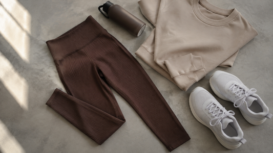 Brown ribbed leggings styled with casual fitness accessories