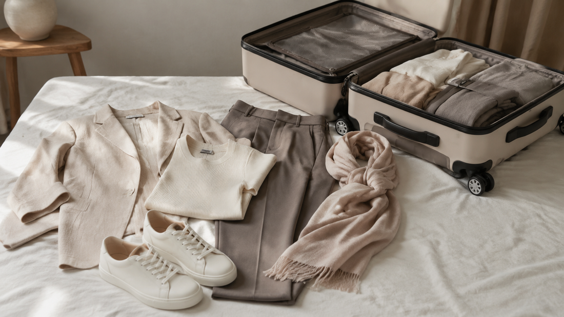 Women’s travel capsule wardrobe arranged beside a suitcase