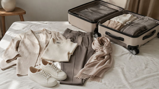 Women’s travel capsule wardrobe arranged beside a suitcase