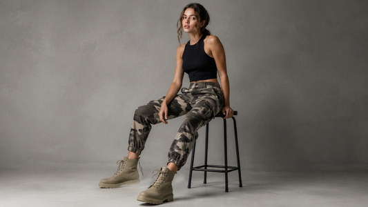 Camouflage pants styled with a black top and neutral boots
