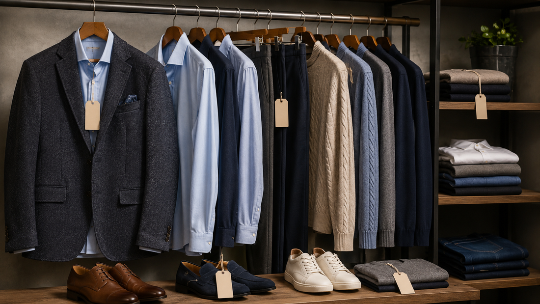 Quality men’s clothing arranged on a refined wardrobe rack