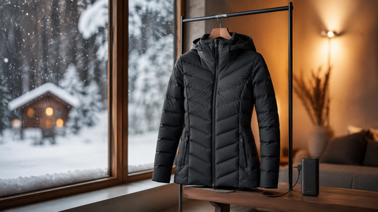 Women’s heated jacket displayed with a compact battery pack