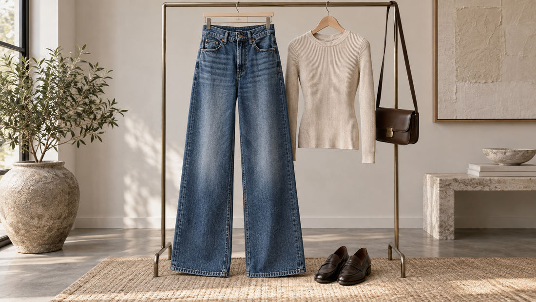 Women’s wide-leg blue jeans styled with a knit and loafers