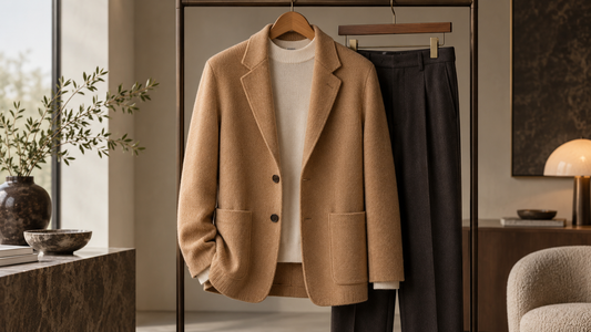 Camel sweater blazer styled with dark trousers