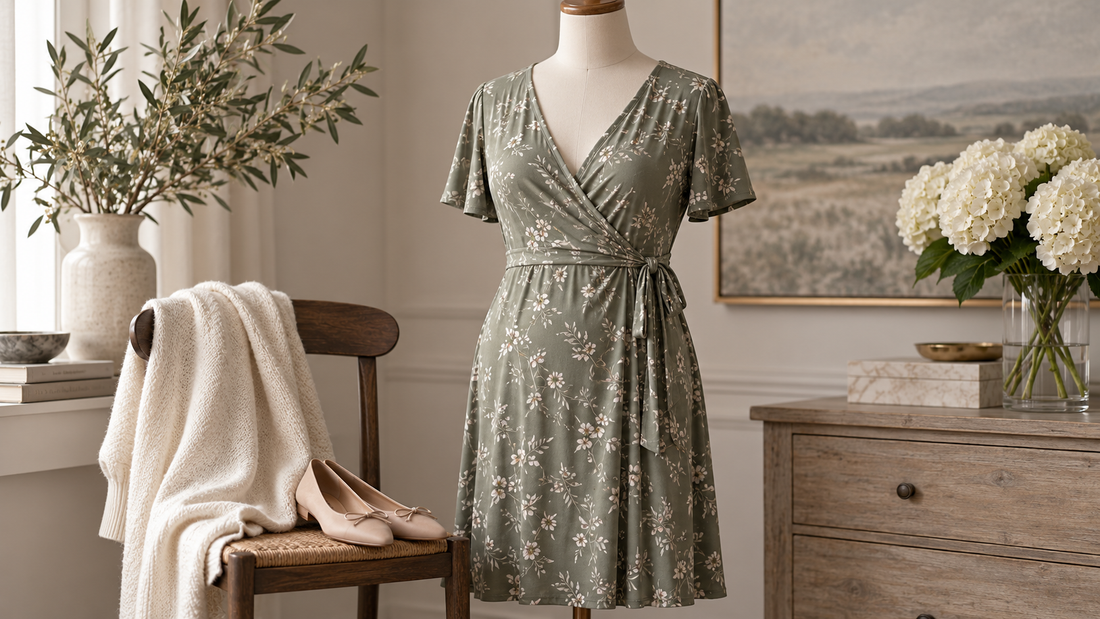 Nursing dress with discreet wrap access and cardigan