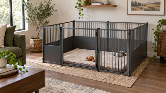 Secure metal dog pen with mat, water bowl and toy