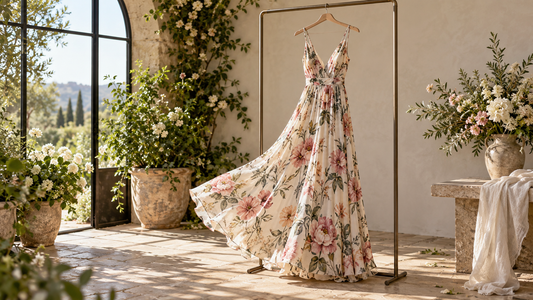 Flowing floral maxi dress in a sunlit studio