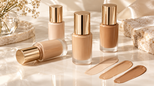Hydrating foundation bottles and luminous shade swatches
