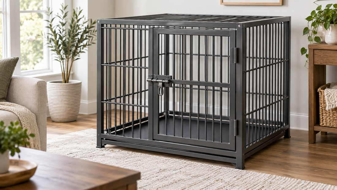 Reinforced heavy-duty steel dog crate in a calm home