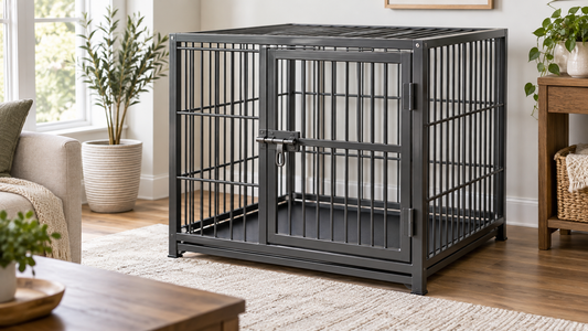 Reinforced heavy-duty steel dog crate in a calm home
