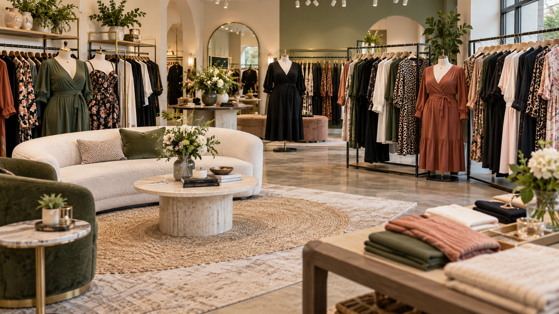 Inclusive plus-size boutique with elegant clothing racks