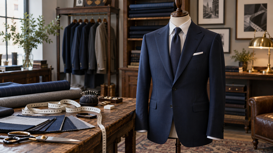 Navy suit displayed inside a local tailoring studio