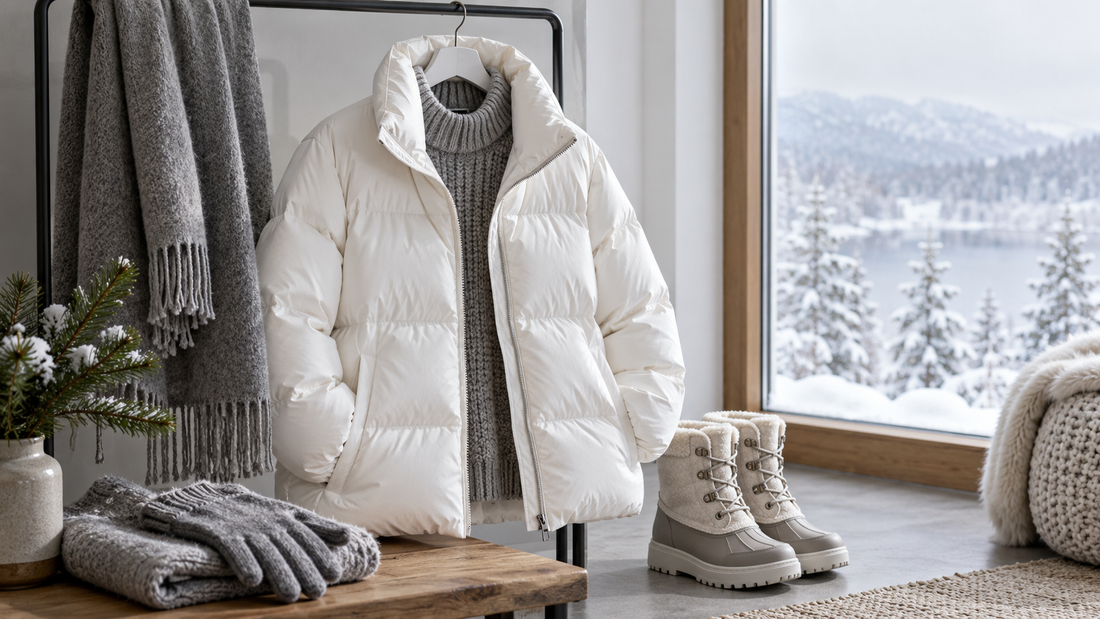 White puffer jacket styled with grey knitwear and boots