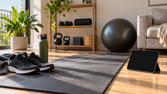 High-intensity home workout setup with mat and training shoes