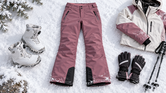 Women’s technical ski pants with winter sports accessories