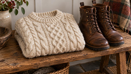 Cream Aran cable-knit sweater with leather boots