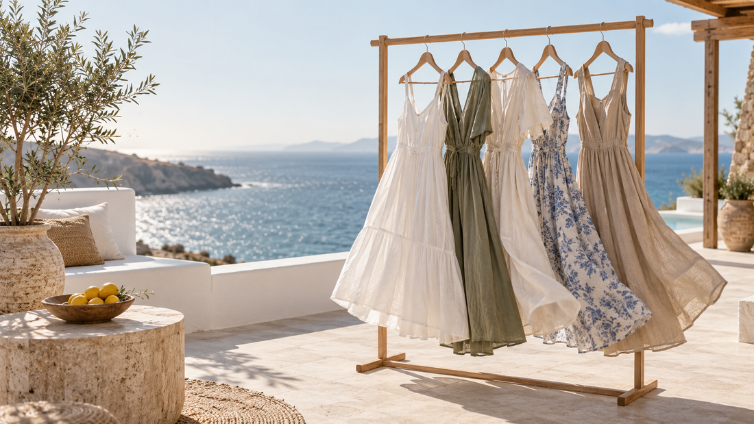 Airy women’s beach dresses near a coastal terrace