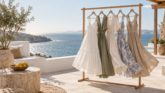 Airy women’s beach dresses near a coastal terrace