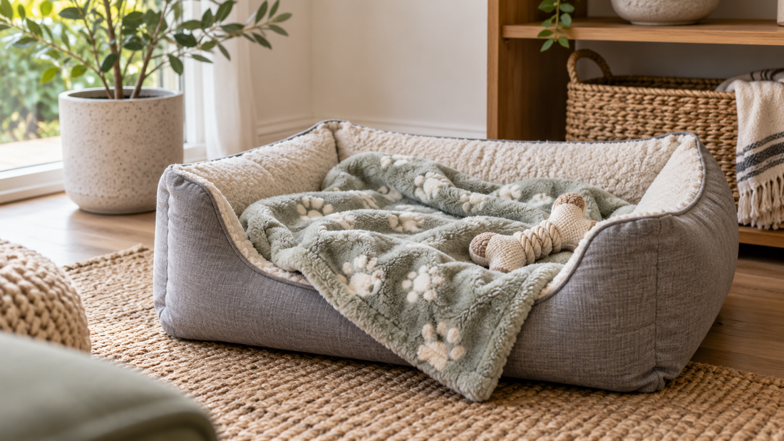 Soft washable dog blanket arranged in a modern pet bed