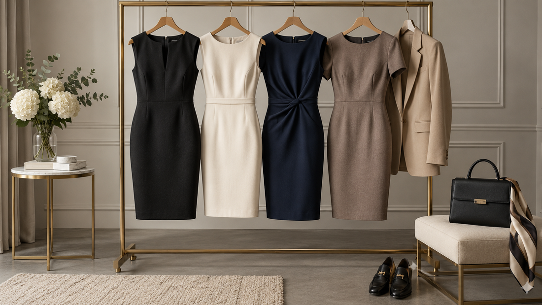 Women’s work dresses styled with professional accessories