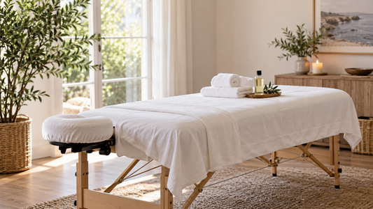 Professional mobile massage table prepared in a calm home