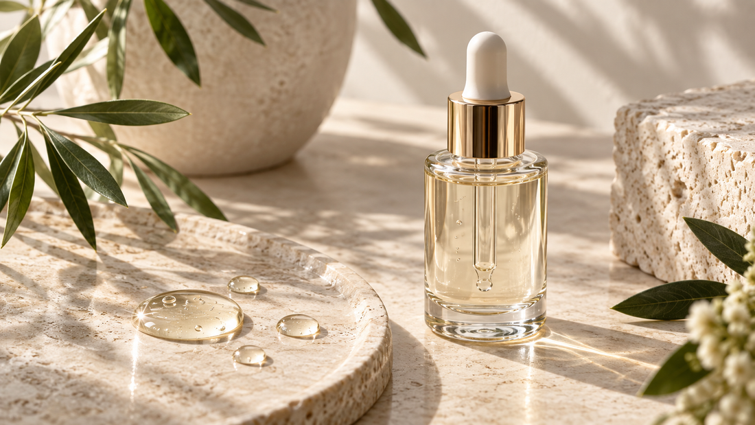 Unlabeled face serum bottle with botanical leaves on ivory stone