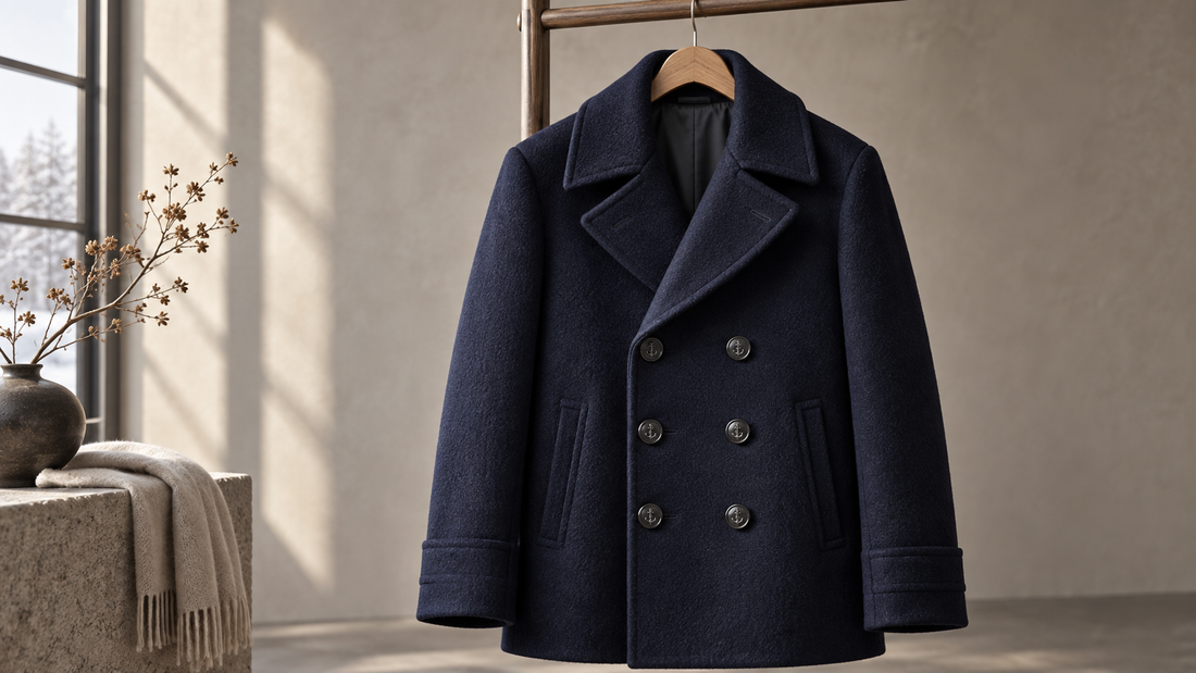 Classic navy wool pea coat in a neutral studio