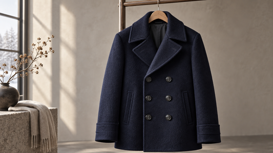 Classic navy wool pea coat in a neutral studio