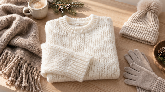 Soft white knit sweater styled with winter accessories
