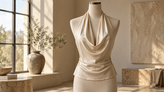 Elegant halter top displayed in a minimalist fashion studio