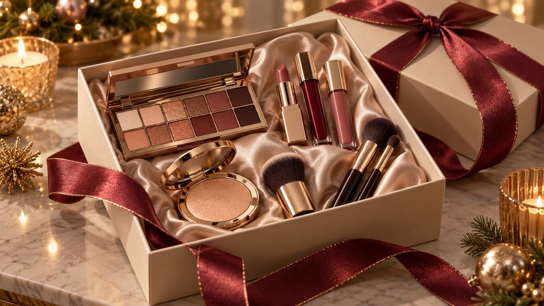 Unlabeled makeup gift set arranged in an elegant box