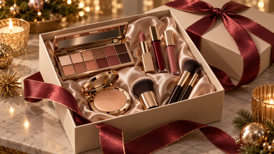 Unlabeled makeup gift set arranged in an elegant box