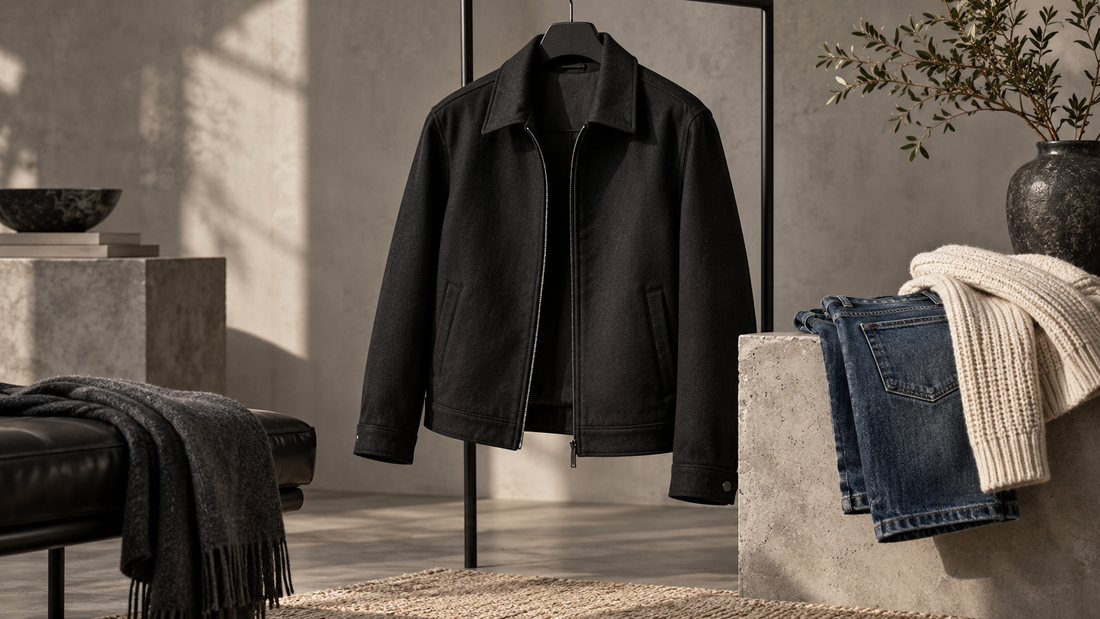 Versatile black jacket displayed in a modern studio