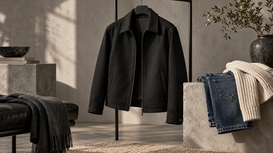 Versatile black jacket displayed in a modern studio
