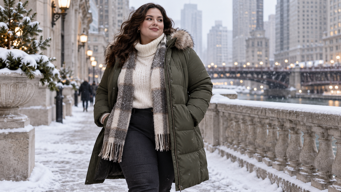 Plus-size woman wearing an insulated winter coat in a snowy city