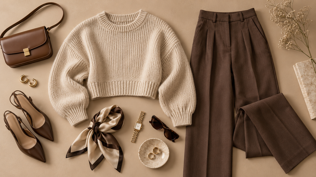 Cropped knit sweater styled with high-rise trousers