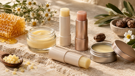 Unlabeled lip balm products arranged on ivory stone