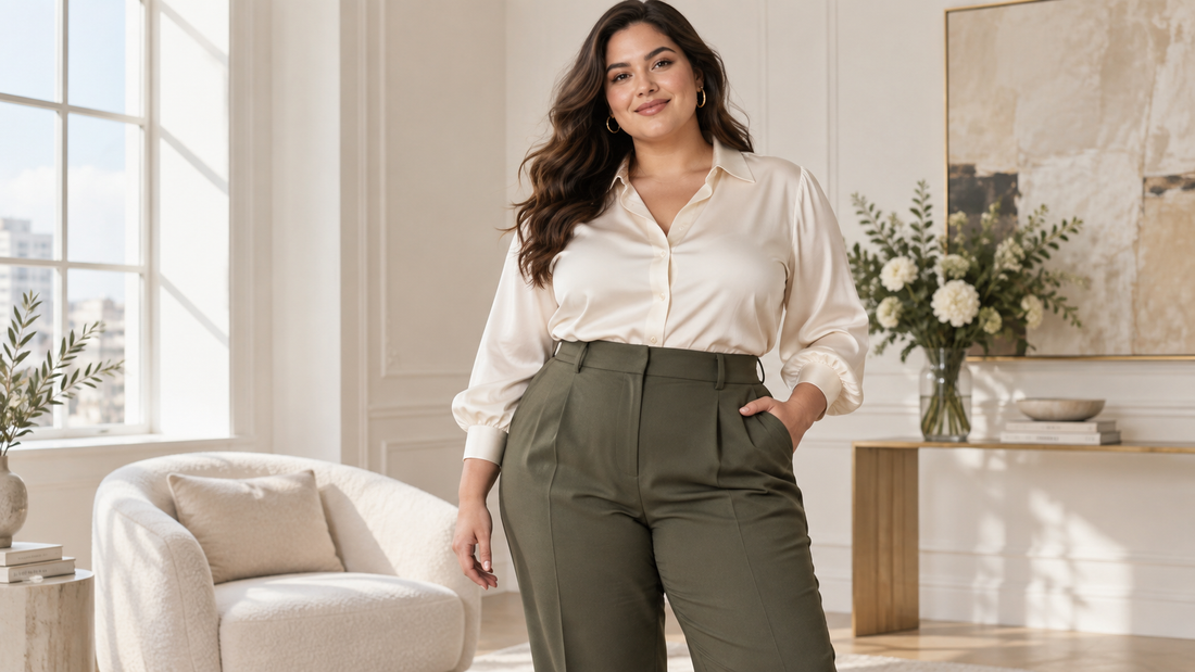 Plus-size woman wearing a fitted blouse and tailored trousers