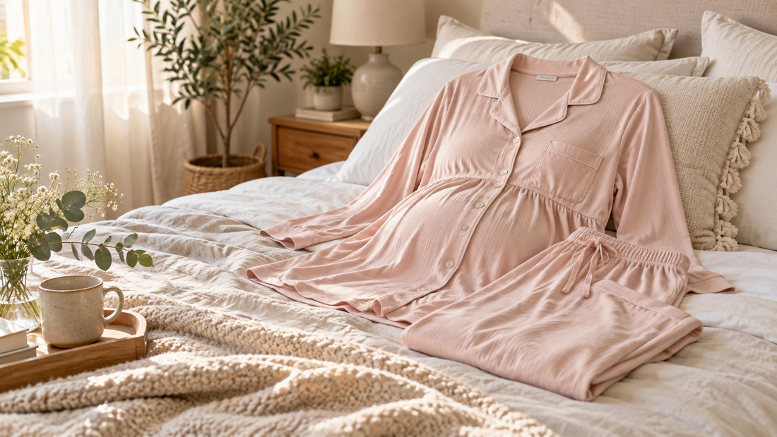 Maternity pajamas arranged in a serene neutral bedroom
