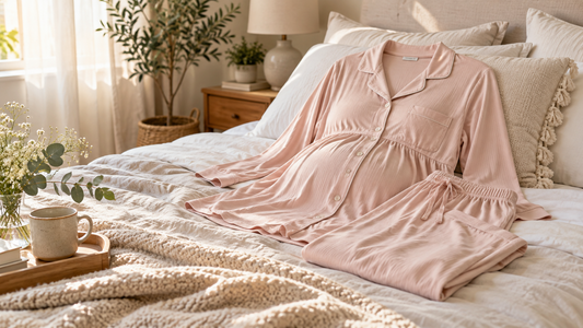Maternity pajamas arranged in a serene neutral bedroom