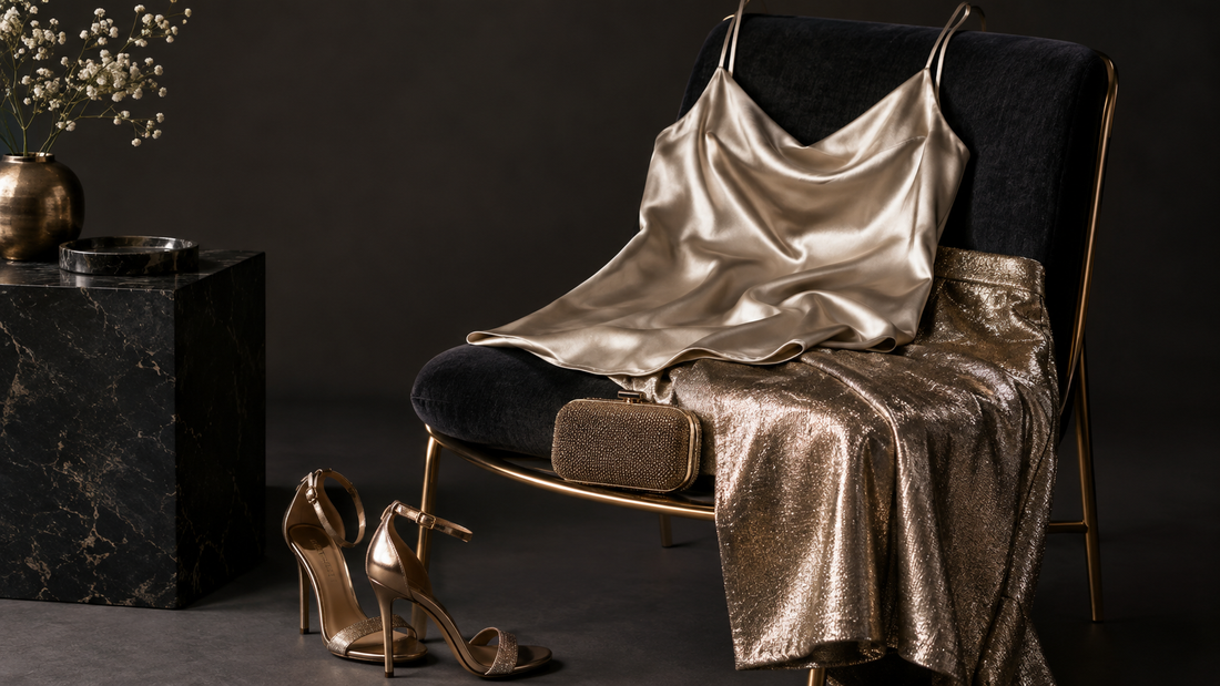 Satin and metallic shine clothing in an editorial studio