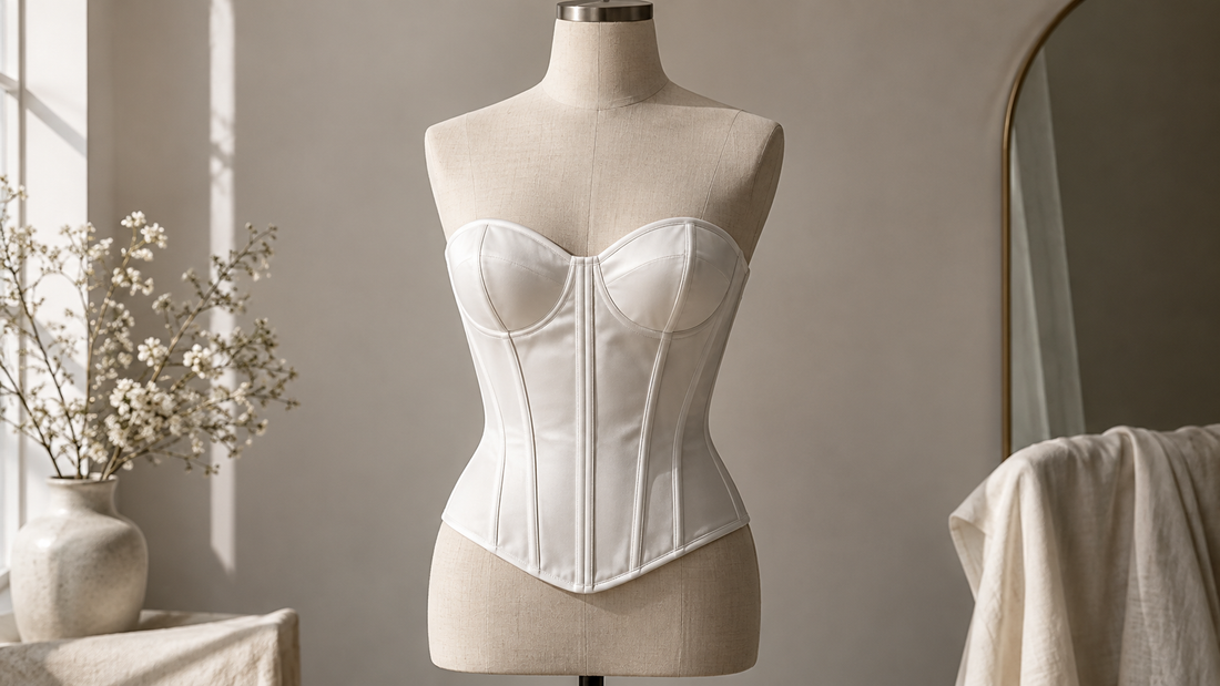 Structured white corset top displayed on a dress form