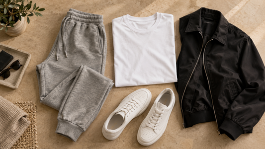 Grey sweatpants styled with casual wardrobe essentials
