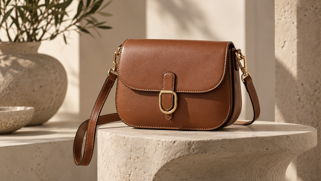 Unbranded leather designer crossbody bag on a neutral pedestal