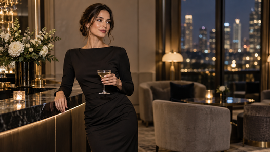 Woman wearing a refined fitted cocktail dress in a modern lounge