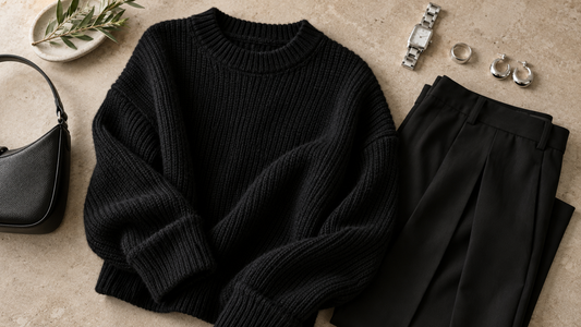 Black knit sweater styled with tailored trousers