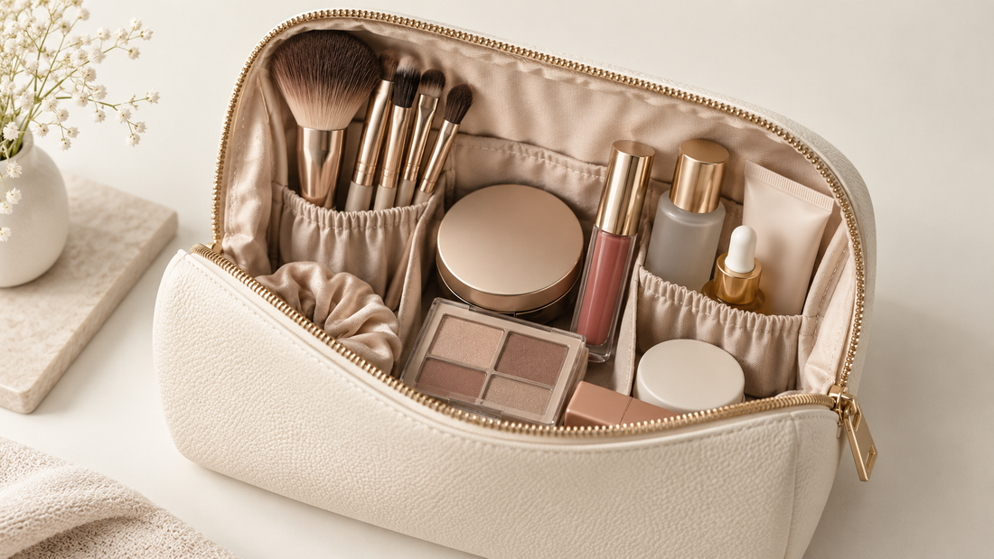 Unbranded makeup bag with neatly organized cosmetics and brushes