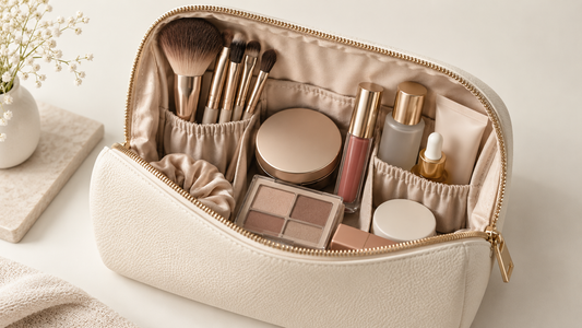 Unbranded makeup bag with neatly organized cosmetics and brushes