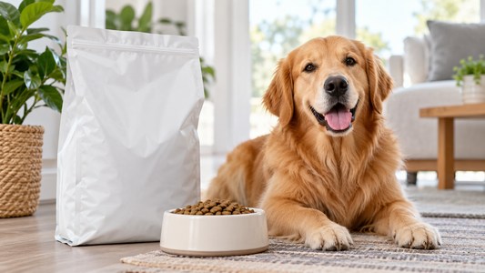 Unbranded dog food package beside a bowl and healthy dog
