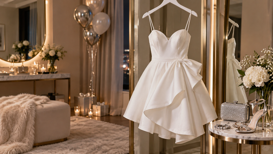 White party dress displayed in a softly lit dressing room